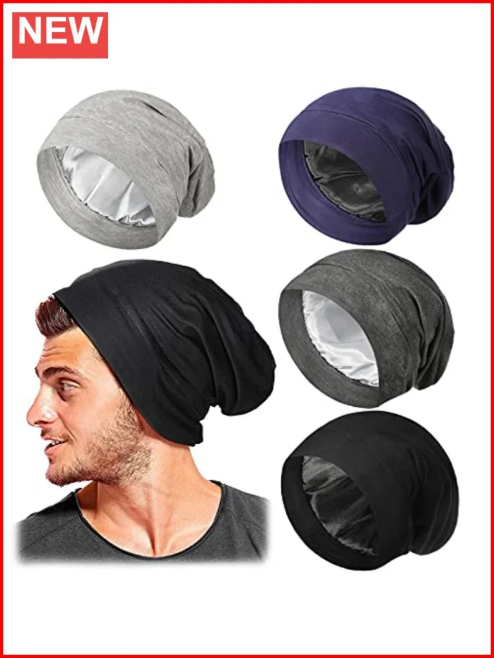 4 Pack Silk Satin Lined Bonnet for Sleeping Slouchy Men Night Sleep Cap Stretch